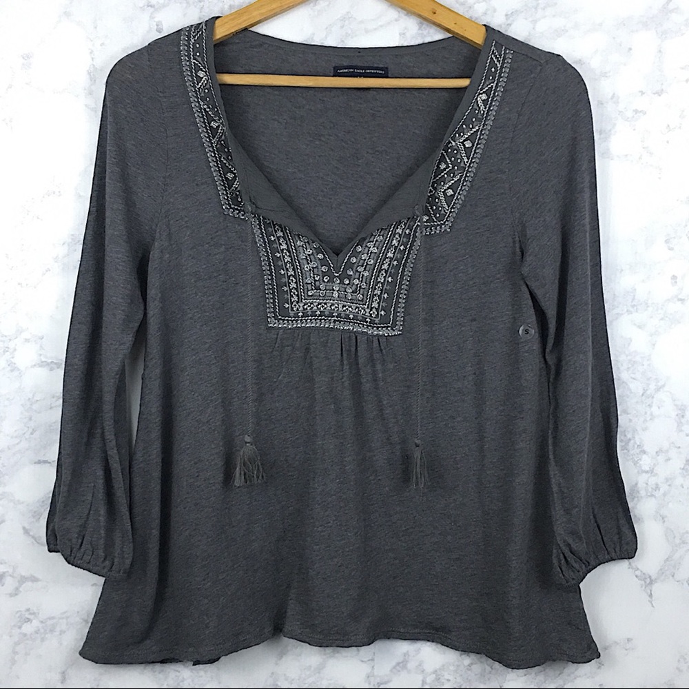 American Eagle Gray Embroidered Peasant Top